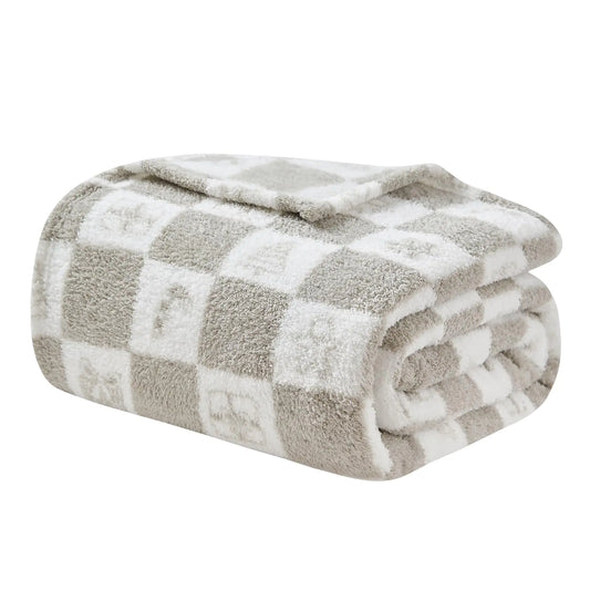 EMME Checkered Throw Blanket Cozy Fluffy Knit Throw Blankets - Grey Super Soft Warm Throw Blankets for Couch Sofa Chair Bed Camping Picnic Travel Lightweight Bed Blanket (108" x 90")