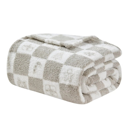 EMME Checkered Throw Blanket Cozy Fluffy Knit Throw Blankets - Grey Super Soft Warm Throw Blankets for Couch Sofa Chair Bed Camping Picnic Travel Lightweight Bed Blanket (108" x 90")
